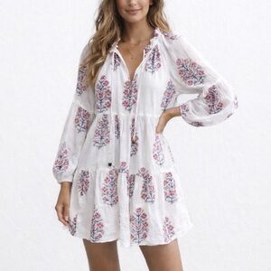 Oliphant Hand Blocked Balloon Sleeve Dress in White Pink and Blue